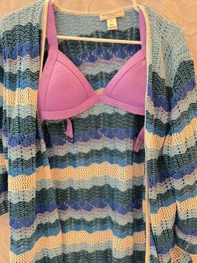 Blue and white stripe open knit crochet cardigan